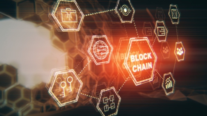 Side view of block chain hologram on blurry pattern background